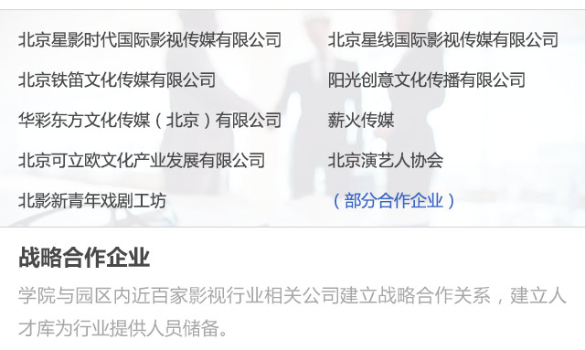 北京星影時(shí)代國(guó)際影視傳媒有限公司,北京星線國(guó)際影視傳媒有限公司,北京鐵笛文化傳媒有限公司,陽(yáng)光創(chuàng)意文化傳播有限公司,華彩東方文化傳媒（北京)有限公司,薪火傳媒,北京可立歐文化產(chǎn)業(yè)發(fā)展有限公司,北京演藝人協(xié)會(huì),北影新青年戲劇工坊